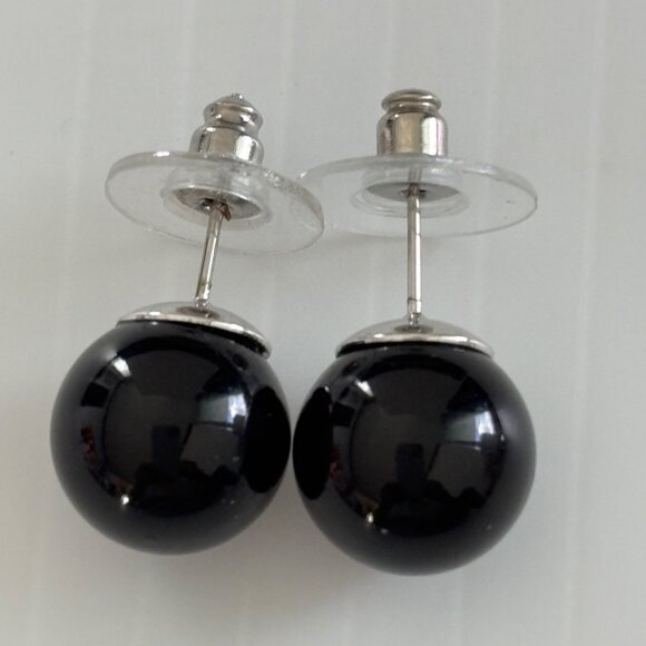 Black Round Ball Stud Earrings With Silver Accents - Picture 2 of 4